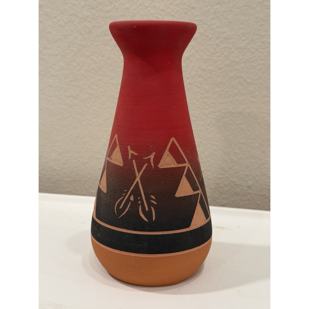 Signed Studio Art Pottery Terracotta Vase Red Black Geometric Design